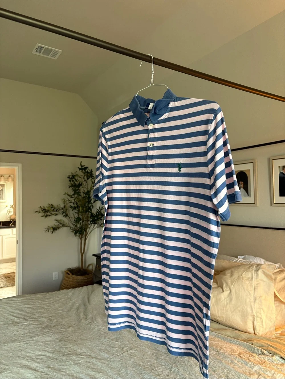 Polo by Ralph Lauren Men’s Blue and Pink Striped Polo Shirt